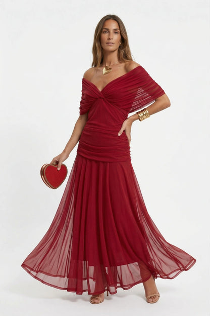 VALENTINA | Vestido Maxi de Tul con Escote Bardot y Falda Fluida