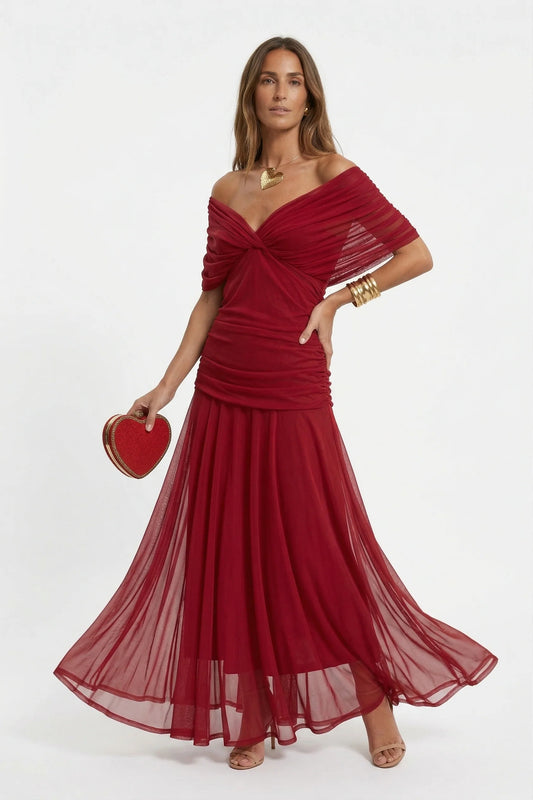 VALENTINA | Vestido Maxi de Tul con Escote Bardot y Falda Fluida