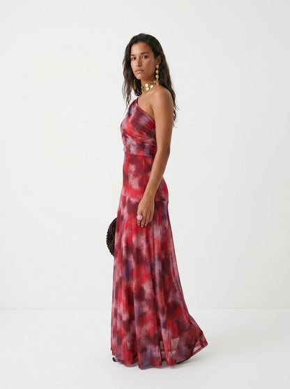 RUBINA | Vestido Maxi de Un Hombro con Estampado Acuarela