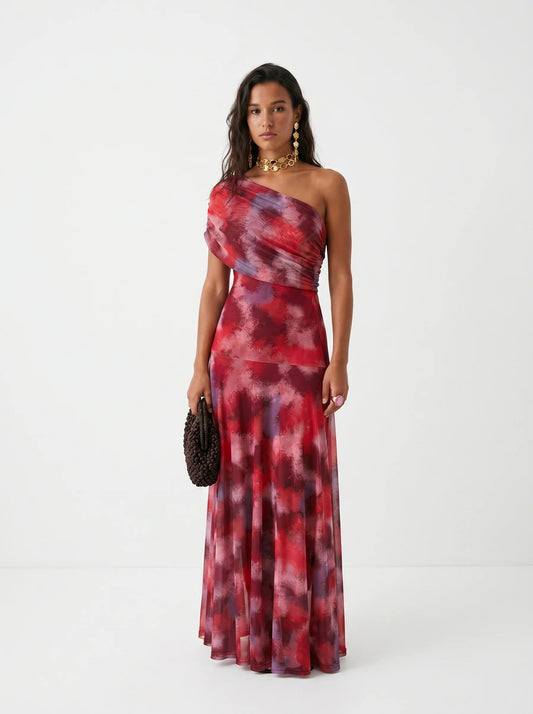RUBINA | Vestido Maxi de Un Hombro con Estampado Acuarela