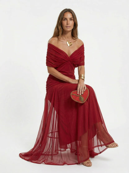 VALENTINA | Vestido Maxi de Tul con Escote Bardot y Falda Fluida