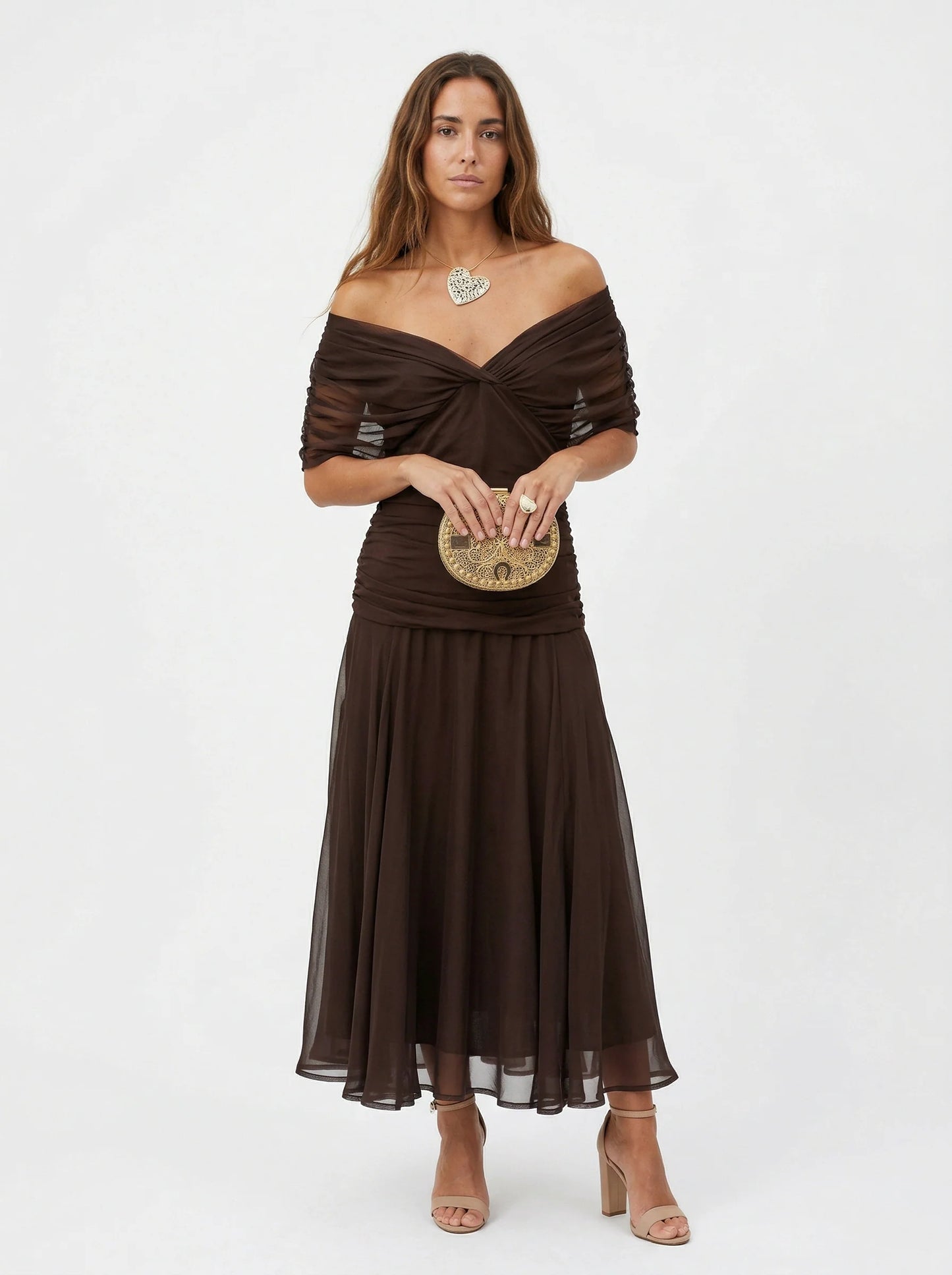 VALENTINA | Vestido Maxi de Tul con Escote Bardot y Falda Fluida