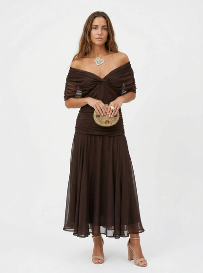 VALENTINA | Vestido Maxi de Tul con Escote Bardot y Falda Fluida