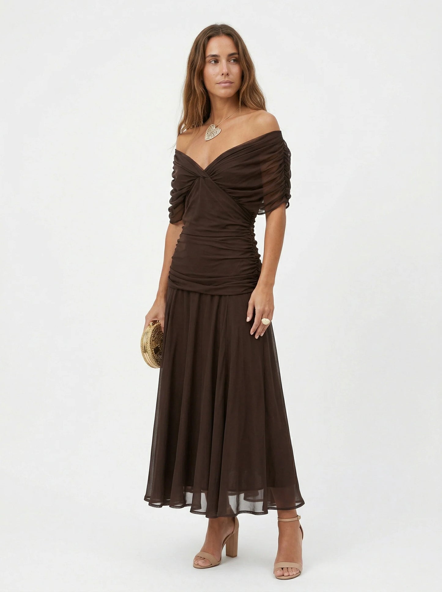 VALENTINA | Vestido Maxi de Tul con Escote Bardot y Falda Fluida