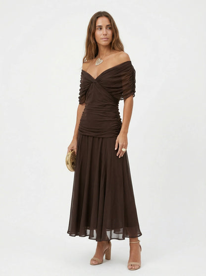 VALENTINA | Vestido Maxi de Tul con Escote Bardot y Falda Fluida