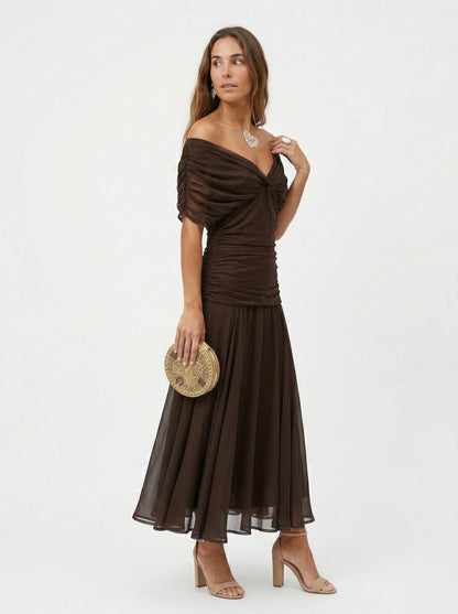 VALENTINA | Vestido Maxi de Tul con Escote Bardot y Falda Fluida