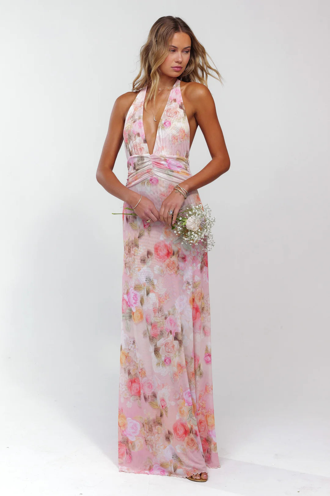 ROSALÍA | Vestido Largo Estampado Rosas con Escote V Halter