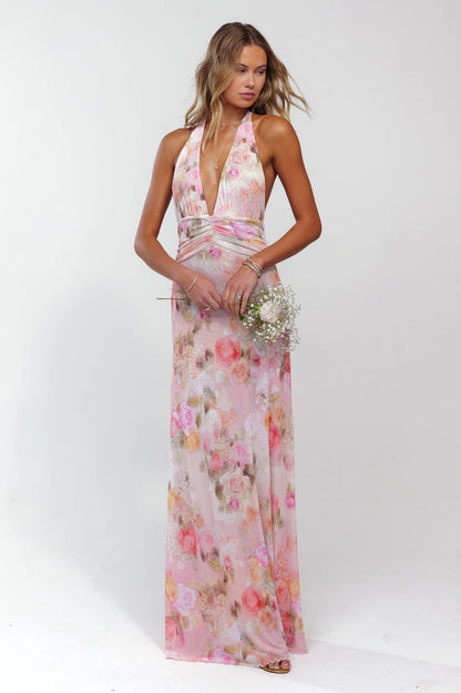 ROSALÍA | Vestido Largo Estampado Rosas con Escote V Halter