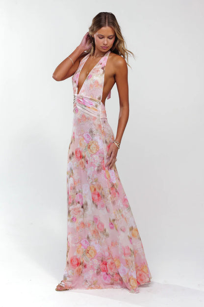 ROSALÍA | Vestido Largo Estampado Rosas con Escote V Halter