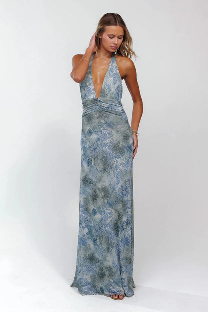 ROSALÍA | Vestido Largo Estampado Rosas con Escote V Halter