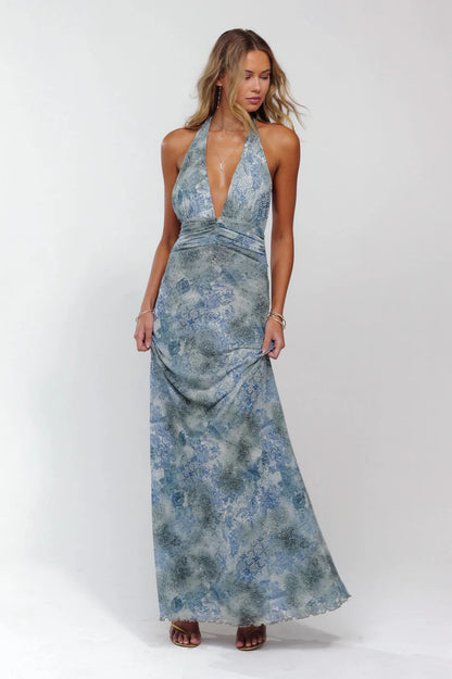 ROSALÍA | Vestido Largo Estampado Rosas con Escote V Halter