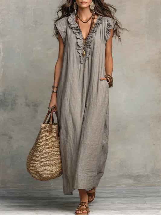 MARA | Vestido Maxi de Lino con Volantes