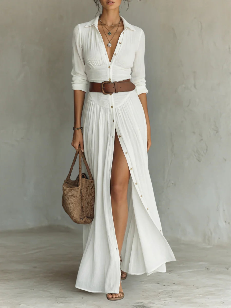 BLANCA | Vestido Camisero Maxi con Abertura y Botones