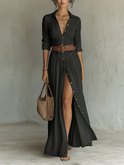 BLANCA | Vestido Camisero Maxi con Abertura y Botones