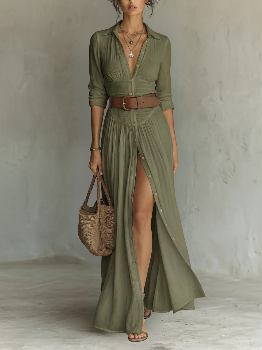 BLANCA | Vestido Camisero Maxi con Abertura y Botones