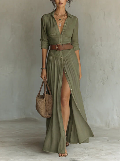 BLANCA | Vestido Camisero Maxi con Abertura y Botones