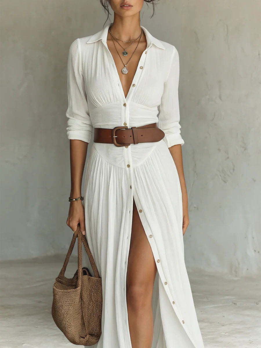 BLANCA | Vestido Camisero Maxi con Abertura y Botones