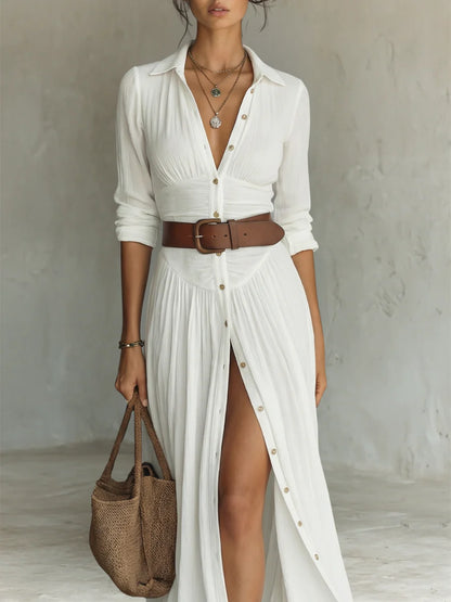 BLANCA | Vestido Camisero Maxi con Abertura y Botones